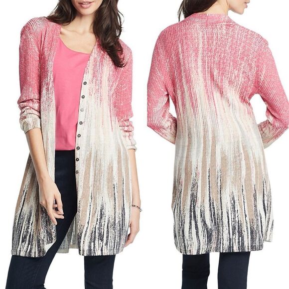 NIC+ZOE Painted Twirl Linen Blend long Cardigan button front boho art to wear L - Picture 1 of 9